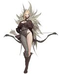  archery arrow blonde_hair boots bow_(weapon) breasts cape cleavage contrapposto elf feathers gloves green_eyes highres large_breasts leather leather_gloves lee_do_kyung leg_up looking_at_viewer md5_mismatch original panties pointy_ears quiver simple_background solo standing underwear weapon 