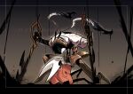  1girl 1other absurdres arthropod_girl arthropod_limbs black_skin cloak colored_skin commentary crying crying_with_eyes_open dual_wielding face-to-face highres holding hollow_knight hollow_knight:_silksong horned_mask hornet_(hollow_knight) horns looking_at_another looking_down looking_up mask on_ground planted planted_sword possessed rukan second_sentinel_(hollow_knight) sword symbol-only_commentary tears tendril watermark weapon white_cloak white_eyes white_mask 