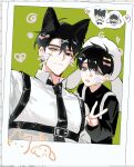  2boys alternate_costume animal_ear_hairband animal_ears animal_hat apron asaki_an bandage_on_face bandages black_eyes black_hair black_necktie bow cat_ear_hairband cat_ears chest_belt collared_shirt drawn_whiskers fake_animal_ears hair_bow hair_ornament hairband hat heterochromia highres kim_dokja looking_at_viewer male_focus multiple_boys multiple_hair_bows necktie oldest_dream omniscient_reader's_viewpoint photo_(object) rabbit_hat scar scar_on_face secretive_plotter shirt short_hair smile spoken_character upper_body v white_apron white_shirt x_hair_ornament yellow_eyes yoo_joonghyuk 