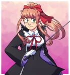  1girl bb_(fate) bb_(fate/extra) bb_(fate/extra)_(cosplay) black_coat black_skirt blush breasts brown_hair coat commentary cosplay doki_doki_literature_club english_commentary fate/extra fate/extra_ccc fate_(series) gloves green_eyes hair_ribbon highres holding holding_pointer long_hair long_sleeves looking_to_the_side monika_(doki_doki_literature_club) pointer ponytail red_ribbon ribbon second-party_source shirt sidelocks skirt smile solo stahplatinum white_gloves white_shirt wide_sleeves 