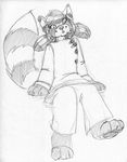  2017 anthro barefoot chinese_clothing claws clothing female greyscale inner_ear_fluff mammal monochrome pawpads pigtails red_panda ringed_tail simple_background sitting sketch smile solo toe_claws wolfkidd 