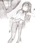  1girl absurdres akemi_homura arm_up blush bow close-up eyebrows_visible_through_hair from_above greyscale hair_ornament hairband half-closed_eyes high_heels leggings long_hair long_sleeves looking_down lying mahou_shoujo_madoka_magica monochrome multiple_views nakanun on_back pleated_skirt ribbon shirt simple_background skirt solo sweat upskirt white_background zoom_layer 