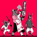angry anthro apron asinus blood bodily_fluids bovid bovine caprine cattle chainsaw clothing donkey equid equine goat group horror_(theme) horror_movie knife laugh leatherface male mammal mask michaelmyersleftfoot movie_reference power_tool stick texas_chainsaw_massacre tools trio weapon
