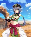  1girl armlet black_armlet black_gloves blue_eyes blue_hair blue_sky bracer breasts cleavage cleavage_cutout clothing_cutout cloud cosplay crop_top day desert feet_out_of_frame game_cg gloves green_hat green_shirt hair_ornament hairclip hat hip_vent interlocked_fingers jewelry journey_to_the_west large_breasts long_hair lunging midriff mole mole_under_eye navel official_art outdoors outstretched_arms pants parted_lips partially_fingerless_gloves pelvic_curtain red_sash sash setouchi_chie sha_wujing sha_wujing_(cosplay) shirt sidelocks sky sleeveless sleeveless_shirt solo third-party_source toji_no_miko toji_no_miko:_kizamishi_issen_no_tomoshibi white_pants 