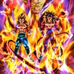  absurdres black_hair blue_sash body_fur dougi dragon_ball dragon_ball_gt dragon_ball_legends goldie8210 highres long_hair looking_at_viewer male_focus monkey_boy monkey_tail multiple_boys muscular muscular_male no_nipples omega_shenron pants pectorals red_fur saiyan sash son_goku spiked_hair super_saiyan super_saiyan_4 tail vegeta yellow_pants 