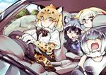  animal_ears black_hair blonde_hair bow bowtie car_interior commentary common_raccoon_(kemono_friends) driving drooling ears_down elbow_gloves fennec_(kemono_friends) fox_ears fur_collar gloves grey_hair highres jaguar_(car) jaguar_(kemono_friends) jaguar_ears kemono_friends looking_at_viewer multicolored_hair multiple_girls namesake open_mouth otter_ears pun raccoon_ears shigurio short_hair short_sleeves skirt sleeping small-clawed_otter_(kemono_friends) steering_wheel 