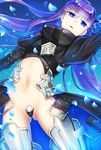  armor armored_boots ass_visible_through_thighs bangs black_jacket blue_bow blue_eyes blue_hair boots bow commentary_request cropped_jacket crotch_plate eyebrows_visible_through_hair fate/extra fate/extra_ccc fate/grand_order fate_(series) gradient_eyes gradient_hair greaves hair_between_eyes hair_bow high_collar jacket knee_boots light_particles long_hair long_sleeves looking_at_viewer meltlilith multicolored multicolored_eyes multicolored_hair navel open_clothes open_mouth parted_lips petals puffy_long_sleeves puffy_sleeves purple_eyes purple_hair raito_(latek) shiny shiny_hair solo very_long_hair 