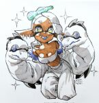  1girl ariamikukanzaki baggy_pants bandeau bare_shoulders bent_over blue_tongue bottle breasts cleavage colored_tongue commentary corrupted_twitter_file cropped_legs dark-skinned_female dark_skin fangs frye_(splatoon) frye_(unused_grand_festival_moray_sleeves)_(splatoon) hand_puppet highres inkling marker_(medium) medium_breasts midriff pants partially_colored pointy_ears puppet short_eyebrows solo sparkle splatoon_(series) splatoon_3 tongue tongue_out traditional_media twitter_username 