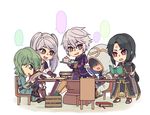  black_hair blush cape chibi closed_eyes desk dual_persona facial_mark female_my_unit_(fire_emblem:_kakusei) fire_emblem fire_emblem:_kakusei fire_emblem:_souen_no_kiseki fire_emblem_heroes gloves green_hair headband hood innes long_hair male_focus male_my_unit_(fire_emblem:_kakusei) multiple_boys my_unit_(fire_emblem:_kakusei) open_mouth red_eyes short_hair smile soren summoner_(fire_emblem_heroes) twintails white_hair 