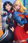  2girls black_bodysuit black_hair blonde_hair blue_bodysuit bodysuit cape commentary crossover dc_comics english_commentary highres marvel multiple_girls red_cape silk silk_(marvel) spider-man_(series) spider_web stanley_lau supergirl superman_(series) superman_logo 
