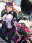  1girl :d alternate_costume animal_ears biker_clothes bikesuit black_bodysuit black_helmet black_scrunchie blue_bow blue_eyes bodysuit bow braid breasts brown_hair commentary_request cowboy_shot day ear_bow gate hair_between_eyes hair_ornament hair_scrunchie helmet highres holding holding_unworn_helmet horse_ears horse_girl horse_tail large_breasts long_hair looking_at_viewer low-tied_long_hair motor_vehicle motorcycle multicolored_bodysuit multicolored_hair open_mouth reihou19 scrunchie skin_tight smile solo standing super_creek_(umamusume) tail throwing twitter_username two-tone_bodysuit two-tone_hair umamusume unworn_headwear unworn_helmet v-shaped_eyebrows vehicle_request white_bodysuit white_hair 