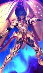  1boy armor armored_boots bangle black_gloves black_hair black_leggings blue_background blue_skirt boots bracelet breastplate closed_mouth commentary_request dark-skinned_male dark_skin earrings elbow_gloves fate/grand_order fate_(series) front_slit game_cg gloves glowing gold_armor gold_earrings gold_trim golden_wings hand_up jewelry koyama_hirokazu leggings long_hair male_focus mechanical_wings official_art overskirt pauldrons red_eyes red_tunic romulus_quirinus_(fate) romulus_quirinus_(third_ascension)_(fate) short_sleeves shoulder_armor skirt solo third-party_source tunic v-shaped_eyebrows wings 