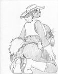  2017 anthro big_breasts boots breasts butt caprine clothing cowboy_hat female footwear gloves greyscale hand_on_thigh hat huge_breasts kneeling lens_flare looking_at_viewer looking_back mammal molly_macalister monochrome pasties rear_view sheep solo tassels thong vest wolfkidd 