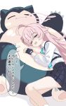  1girl ahoge aqua_necktie black_gloves black_skirt blue_archive blue_eyes closed_eyes commentary_request fangs feet_out_of_frame fingerless_gloves gloves hair_between_eyes halo highres hoshino_(blue_archive) kamitosayu long_hair long_sleeves looking_at_viewer lying lying_on_another necktie on_side open_mouth pink_hair pink_halo pleated_skirt pokemon shirt simple_background skirt smile snorlax translation_request white_background white_shirt 