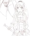  1girl absurdres adjusting_clothes blush breasts cameltoe cleavage detached_collar erect_nipples gloves greyscale hair_ornament hair_tie holding_sword large_breasts legs_apart long_hair long_sleeves looking_to_the_side magia_record:_mahou_shoujo_madoka_magica_gaiden mahou_shoujo_madoka_magica midriff monpchrome multiple_views nakanun navel open_mouth partially_visible_vulva ponytail simple_background skindentation solo standing steam sweat sword teeth tied_hair togame_momoko weapon white_background zoom_layer 