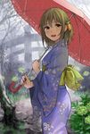  bangs blue_kimono blush bridge brown_eyes brown_hair carrot_hair_ornament commentary_request floral_print food_themed_hair_ornament from_side grass green_hair hair_between_eyes hair_ornament highres holding holding_umbrella japanese_clothes kimono looking_at_viewer obi one_side_up open_mouth original outdoors rain sash smile solo standing tree umbrella wide_sleeves yoropa 