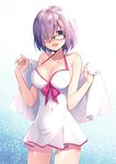  :d bangs black-framed_eyewear blush breasts collarbone commentary_request covered_navel cowboy_shot dress fate/grand_order fate_(series) glasses hair_over_one_eye hands_up holding holding_towel large_breasts looking_at_viewer mash_kyrielight masuishi_kinoto open_mouth purple_eyes purple_hair short_dress short_hair smile solo swimsuit swimsuit_of_perpetual_summer tareme towel white_dress white_swimsuit 
