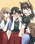  4girls 5th_live_tour_~4pair_power_spread!!!!~ :d animal_ears animification black_hair black_shirt blue_sleeves blush braid brown_eyes brown_skirt cho_toutoi_love collarbone commentary_request covering_face embarrassed fox_ears half_updo hand_over_face hasu_no_sora_school_uniform hayama_fuka highres holding holding_microphone kan_kanna kanduki_kamibukuro kemonomimi_mode link!_like!_love_live! long_hair looking_at_another love_live! microphone miyake_miu multiple_girls nonaka_kokona open_mouth peeking_through_fingers plaid_clothes plaid_sleeves pleated_skirt pretend_telescope real_life ruri&amp;to_(love_live!) school_uniform shirt short_sleeves side_braids simple_background skirt smile surrounded twintails voice_actor winter_uniform yellow_background yellow_sleeves 