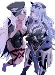  2girls absurdres ai_the_somnium_files ai_the_somnium_files:_nirvana_initiative armor black_armor black_bodysuit bodysuit breasts camilla_(fire_emblem) cleavage commentary_request crossover dark-skinned_female dark_skin fire_emblem fire_emblem_fates hair_between_eyes hair_ornament hair_over_one_eye hat highres large_breasts long_hair looking_at_viewer multiple_girls one_eye_closed ookutsuwa_waga pink_eyes police_hat purple_eyes purple_hair simple_background smile tama_(ai_the_somnium_files) thigh_strap tiara vambraces very_long_hair wavy_hair white_background white_hair 