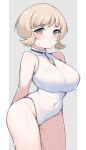  1girl absurdres blonde_hair blush breasts casual_one-piece_swimsuit commentary covered_navel covered_nipples english_commentary grey_background grey_eyes highres jiangyou_dang kantai_collection large_breasts looking_at_viewer norge_(kancolle) one-piece_swimsuit shirt short_hair solo swimsuit wet wet_clothes wet_swimsuit white_one-piece_swimsuit white_shirt 