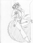  2017 anthro big_breasts breasts buckteeth cleavage clothed clothing eyes_closed eyewear female fluffy fluffy_tail glasses greyscale haley_maruti holding_object huge_breasts inside mammal midriff monochrome on_one_leg open_mouth pajamas plushie rodent sketch solo squirrel standing teeth tired wolfkidd yawn 