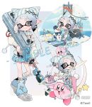  1girl animal_ear_headwear beanie blue_hair blue_hat blue_leg_warmers blue_scarf blue_skirt building_snowman cake cake_slice chibi closed_mouth creature_on_head crossover e-liter_4k_(splatoon) earrings eyebrow_cut food grey_eyes grey_shoes hat highres holding holding_weapon inkling inkling_girl inkling_player_character jewelry kirby kirby_(series) leg_warmers long_sleeves mihuashi_506932 mihuashi_logo multiple_earrings multiple_views off-shoulder_sweater off_shoulder on_creature plaid_clothes plaid_skirt plate pleated_skirt pointy_ears puffy_long_sleeves puffy_sleeves sample_watermark scarf shoes short_hair sitting skirt smile snowman splatoon_(series) striped_clothes striped_hat striped_scarf stud_earrings sweater tentacle_hair thick_eyebrows two-tone_hat two-tone_scarf watermark weapon white_hat white_scarf white_sweater 