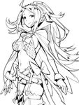  ahoge blush breasts cape circlet fire_emblem fire_emblem:_kakusei garter_straps gebyy-terar gloves greyscale large_breasts long_hair looking_at_viewer mamkute monochrome navel nono_(fire_emblem) older open_mouth pointy_ears smile solo thighhighs white_background 