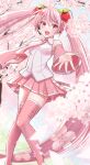  1girl absurdres bare_shoulders boots breasts cherry_blossoms cherry_hair_ornament collared_shirt commentary_request detached_sleeves feet_out_of_frame food-themed_hair_ornament frilled_shirt frilled_shirt_collar frills hair_between_eyes hair_ornament hatsune_miku headphones highres kanzaki_izumi long_hair long_sleeves looking_at_viewer medium_breasts miniskirt necktie official_alternate_costume open_mouth pink_boots pink_eyes pink_hair pink_necktie pink_skirt pink_sleeves pink_theme pink_trim pleated_skirt reaching reaching_towards_viewer sakura_miku shirt skirt sleeveless sleeveless_shirt sleeves_past_wrists smile solo stick thigh_boots tie_clip twintails very_long_hair vocaloid white_shirt white_trim 