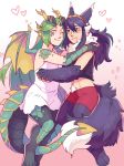  2girls absurdres animal_ears blue_eyes blue_hair blush breasts camisole couple dragon_girl dress eyes_closed fire_emblem fire_emblem:_kakusei frogbians full_body green_hair hig highres jewelry kid_icarus kid_icarus_uprising long_hair lucina monster_girl multiple_girls navel nintendo palutena scales shorts smile super_smash_bros. super_smash_bros._ultimate tail tiara werewolf wings wolf_ears yuri 