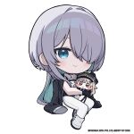  1girl aqua_hair black_gloves black_jacket blue_eyes blush boots brid_(nikke) brid_(silent_track)_(nikke) character_doll chibi closed_mouth collared_shirt commentary doll earrings english_commentary gloves goddess_of_victory:_nikke hair_intakes hair_over_one_eye highres holding hoop_earrings invisible_chair jacket jacket_on_shoulders jewelry light_smile long_hair long_sleeves looking_at_viewer multicolored_hair pants shirt sitting sleeveless sleeveless_shirt solo totatokeke two-tone_hair very_long_hair white_boots white_pants white_shirt 