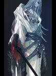  1boy azrael_(grand_assassin)_(fate) bags_under_eyes chain colored_skin dark-skinned_male dark_skin fate/grand_order fate_(series) grey_skin holding holding_sword holding_weapon long_hair pectorals pillarboxed robe scar scar_on_cheek scar_on_chest scar_on_face scar_on_neck sei_8220 solo sword torn_clothes torn_robe watermark weapon white_robe 