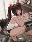  1girl alternate_costume bare_arms bare_shoulders barefoot bell black_cat black_hair black_shorts breasts can cat commentary drink_can feet fox_mask full_body highres holding holding_can honkai:_star_rail honkai_(series) indoors long_hair looking_at_viewer mask red_eyes shirt shorts sleeveless smile solo sparkle sparkle_(honkai:_star_rail) squatting tank_top twintails white_shirt zije 