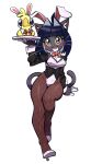  1girl absurdres animal_ears bilingual_commentary bird black_coat black_fur black_hair blue_eyes blush bob_cut breasts cat_ears cat_girl cat_tail chinese_commentary cleavage coat colored_sclera commentary_request duck fake_animal_ears fang fishnet_pantyhose fishnets furry furry_female hair_intakes highres holding holding_tray leotard lilia_(xuao2000) looking_at_viewer mixed-language_commentary nontraditional_playboy_bunny open_mouth original pantyhose playboy_bunny rabbit_ears shoes short_hair simple_background smile solo tail thick_eyelashes tray whiskers white_background white_leotard white_shoes xuao2000 yellow_sclera 