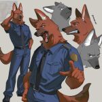  2025 anthro artist_name black_nose canid canine canis clothed clothing domestic_dog etceteraart fangs fluffy fluffy_tail fur german_shepherd gesture hand_gesture herding_dog hi_res male mammal necktie pastoral_dog pointing pointy_ears police police_uniform red_body red_fur simple_background solo tail teeth text uniform 