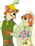  anthro bouquet bride canine disney duo fox groom hand_holding hat maid_marian mameco mammal red_fox robin_hood robin_hood_(disney) romantic_couple simple_background smile wedding wedding_veil white_background 