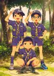  3boys ant artist_name bandaid bandaid_on_arm bandaid_on_knee bandaid_on_leg baseball_cap bug child commentary_request forest frown glasses half-closed_eyes hand_on_own_hip hat holding holding_stick looking_at_viewer male_focus multiple_boys nature noeyebrow_(mauve) open_mouth original outdoors short_hair shorts squatting stick teeth tree upper_teeth_only v 