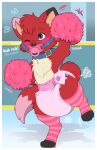 4_toes ambiguous_gender animate_inanimate anthro black_nose blue_collar bodily_fluids border brown_ear_tips bunnykisses canid canine cheerleader clean_diaper clothing cloud_emanata collar detailed_background diaper diaper_puff dipstick_ears dipstick_tail ear_markings emanata english_text feet flying_sweatdrops fox full-length_portrait fur gag hi_res legwear living_plushie mammal markings motion_lines multicolored_body multicolored_ears multicolored_fur object_in_mouth omikron_(diaperplush) on_one_leg one_eye_closed pacifier pacifier_gag pacifier_in_mouth pattern_clothing pattern_legwear pattern_thigh_highs pink_clothing pink_diaper pink_ear_tips pink_legwear pink_pacifier pink_tail_tip pink_thigh_highs plushie pom_poms portrait red_body red_fur shake solo standing striped_clothing striped_legwear striped_thigh_highs stripes suckling sweat sweatdrop tail tail_markings tan_body tan_fur tan_inner_ear text thigh_highs toes white_border