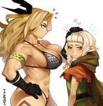  abs amazon_(dragon's_crown) armlet armor bikini bikini_armor blonde_hair blush braid breasts brown_eyes cleavage cloak dragon's_crown elf_(dragon's_crown) embarrassed gloves green_eyes hand_on_another's_head hand_on_hip highres huge_breasts leg_tattoo multiple_girls muscle muscular_female petting pointy_ears simple_background smile swimsuit talez01 tattoo thong_bikini twin_braids 
