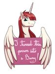  2017 blue_eyes english_text equine feathered_wings feathers female freckles_(artist) hair horn lauren_faust_(character) long_hair looking_at_viewer mammal my_little_pony red_hair sign simple_background smile solo text white_background winged_unicorn wings 