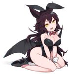  absurdres animal_ears bat_wings black_hair black_leotard bow bowtie breasts bunny_ears bunny_tail bunnysuit character_request cleavage detached_collar full_body highres leotard long_hair medium_breasts mikomo0106 phantasy_star phantasy_star_online_2 red_bow red_neckwear simple_background sitting slit_pupils solo strapless strapless_leotard tail wariza white_background wings wrist_cuffs yellow_eyes 