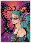  1girl 1other alternate_costume aqua_hair aqua_skin bare_shoulders braid bug bun_with_braided_base butterfly colored_skin double_bun english_commentary enrico_pucci floral_print flower hair_bun highres jojo_no_kimyou_na_bouken kujo_jolyne looking_at_viewer orange_eyes orange_flower orange_hair orange_lips painting_(medium) parted_bangs portrait reflection stand_(jojo) stone_free stone_ocean sunglasses traditional_media upper_body watercolor_(medium) xfkart yellow_lips 