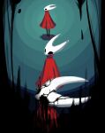  absurdres arthropod_girl black_eyes black_skin boopie cloak colored_skin commentary darkness english_commentary highres hollow_eyes hollow_knight horned_mask hornet_(hollow_knight) horns looking_at_viewer mask multiple_views possessed red_cloak white_mask 