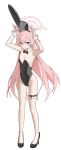  1girl absurdres ahoge alternate_costume animal_ear_hairband animal_ears armpits arms_up black_bow black_bowtie black_leotard black_shoes blue_archive blush bow bowtie breasts commentary detached_collar english_commentary fake_animal_ears full_body hair_flaps hairband halo heterochromia high_heels highres hoshino_(blue_archive) leotard long_hair looking_at_viewer nyangpan pink_hair playboy_bunny rabbit_ear_hairband rabbit_ears shoes simple_background small_breasts solo straight_hair strapless strapless_leotard sweatdrop thigh_strap very_long_hair white_background wrist_cuffs 
