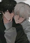  2boys bilingual_commentary black_hair black_shirt caelus_(honkai:_star_rail) closed_mouth dan_heng_(honkai:_star_rail) danheki_syu double-parted_bangs earrings english_commentary grey_eyes grey_hair grey_sweater hair_between_eyes hand_on_another's_chin highres honkai:_star_rail honkai_(series) jewelry long_sleeves looking_at_viewer male_focus mixed-language_commentary multiple_boys parted_hair piercing shirt short_hair sleeves_past_wrists smile sweater trailblazer_(honkai:_star_rail) twitter_username upper_body 