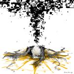  1boy black_cape black_pants blonde_hair broken cape collapsed faceless greyscale hashtag-only_commentary highres honkai:_star_rail honkai_(series) looking_down lying me_shino_g monochrome pants phainon_(honkai:_star_rail) phainon_(khaslana)_(honkai:_star_rail) sitting sun sun_symbol white_background yellow_blood 