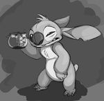  2017 3_toes 4_fingers alien chest_tuft claws coffee_pot digital_drawing_(artwork) digital_media_(artwork) disney ears_back experiment_(species) fangs fur grey_background greyscale head_tuft holding_object lilo_and_stitch monochrome notched_ear secoh2000 simple_background sketch small_tail solo stitch toes tuft 