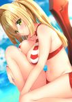  absurdres aestus_estus bikini blonde_hair blue_sky breast_press breasts closed_mouth cloud day earrings eyebrows_visible_through_hair fate/grand_order fate_(series) green_eyes highres jewelry jiiwara large_breasts long_hair looking_at_viewer navel nero_claudius_(fate)_(all) nero_claudius_(swimsuit_caster)_(fate) sitting sky smile solo striped striped_bikini swimsuit sword twintails weapon 