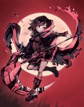  artist_name black_footwear black_hair boots breasts cape commentary corset crescent_rose cross-laced_footwear full_moon gothic_lolita hood knee_boots lace-up_boots lolita_fashion medium_breasts moon parororo ruby_rose rwby scythe short_hair solo torn_cape 