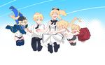  4girls ahoge arthur_pendragon_(fate) artoria_pendragon_(all) baseball_cap blonde_hair bloomers bow braid child closed_eyes dress fate/apocrypha fate/extra fate/prototype fate/unlimited_codes fate_(series) green_eyes gym_uniform hair_bow hat highres holding_hands hug jacket jeanne_d'arc_(fate) jeanne_d'arc_(fate)_(all) jumping kirara_jump long_hair looking_at_viewer multiple_girls mysterious_heroine_x necktie nero_claudius_(fate) nero_claudius_(fate)_(all) pantyhose ponytail rojiura_satsuki:_chapter_heroine_sanctuary saber_lily seseragi_azuma shirt single_braid sleeveless sleeveless_dress sleeveless_shirt smile thighhighs track_jacket underwear wavy_mouth white_dress younger 