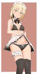  absurdres alternate_costume artoria_pendragon_(all) artoria_pendragon_(swimsuit_rider_alter) black_legwear black_panties blonde_hair blush border bow bow_panties breasts choker cleavage enmaided fate/grand_order fate_(series) garter_straps groin highres knees_together lace lace-trimmed_garter_belt lace-trimmed_panties lace_choker lifted_by_self looking_at_viewer maid maid_bikini maid_headdress natsuki_(mclarenmiz) navel outside_border panties sketch skirt skirt_lift small_breasts thighhighs underwear white_border 